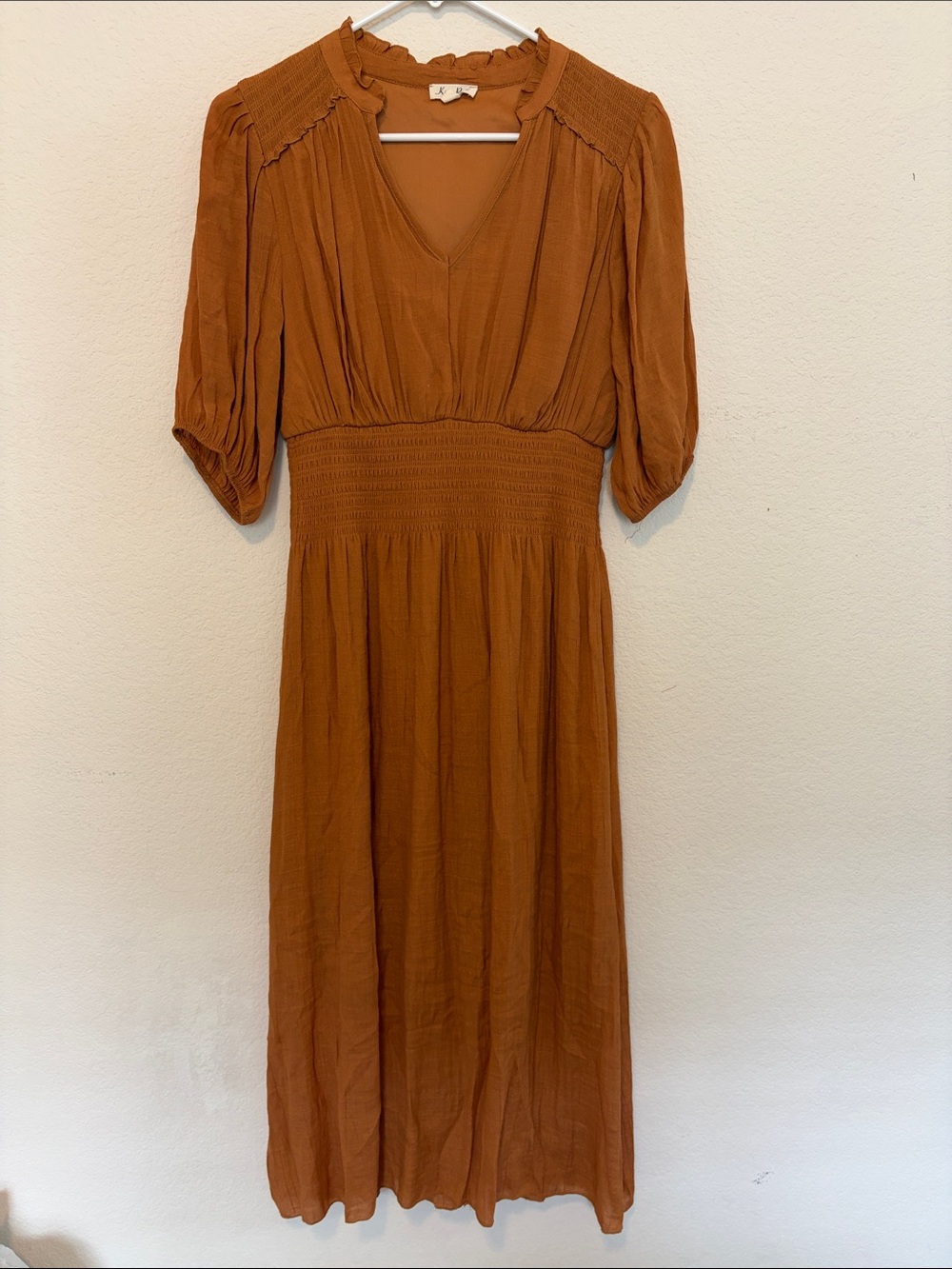 Smocked Waist Midi Dress in Burnt Orange
